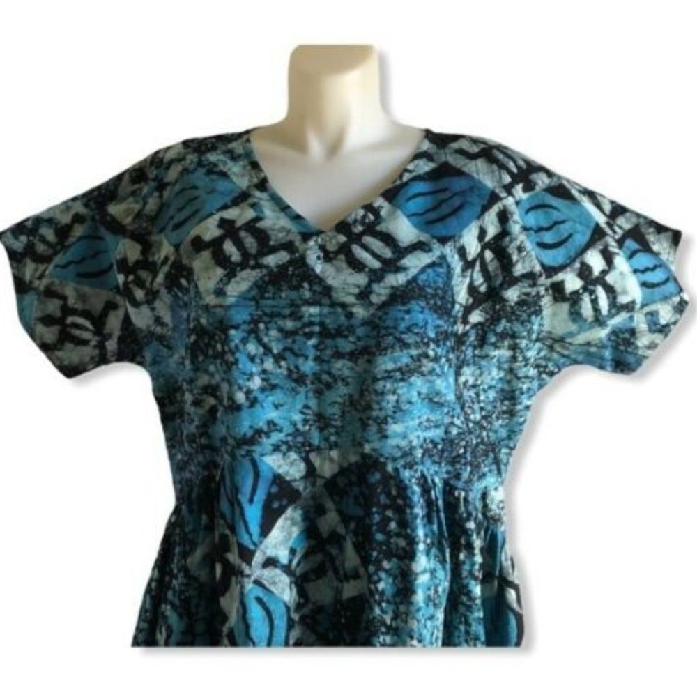 Dress Size 3X or 4X Blue Indigo Black African Batik Cotton Turtle Handcrafted